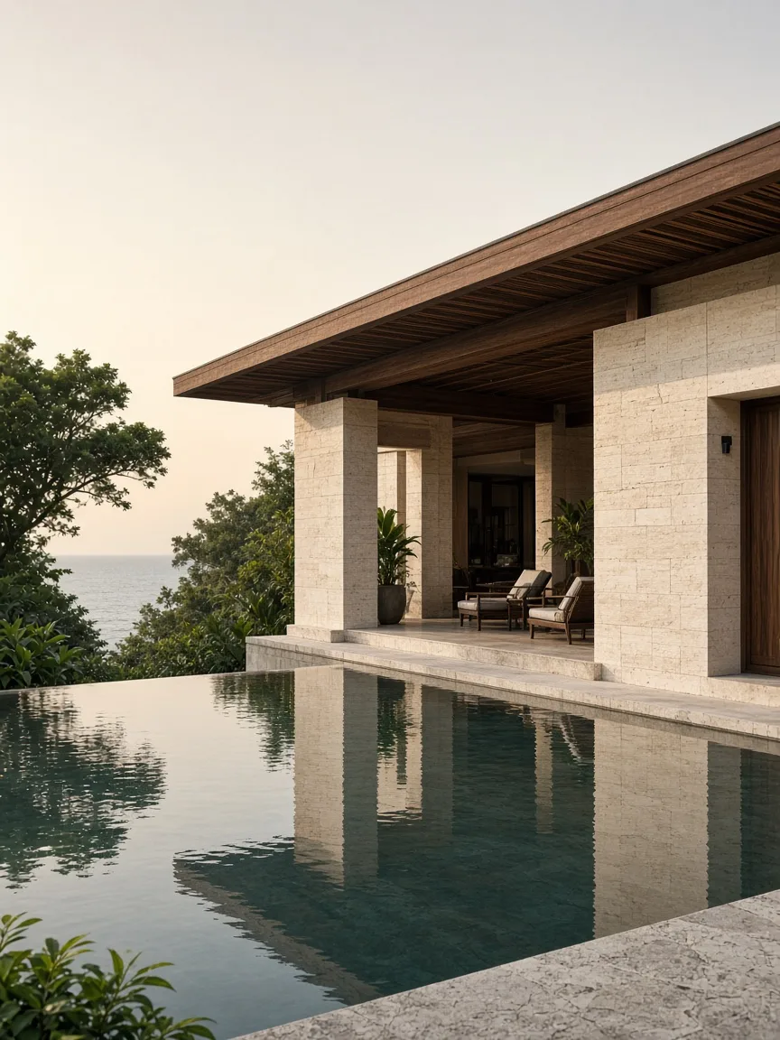 A limestone pavilion with a timber roof and two lounge chairs, beside an infinity pool looking out to the sea