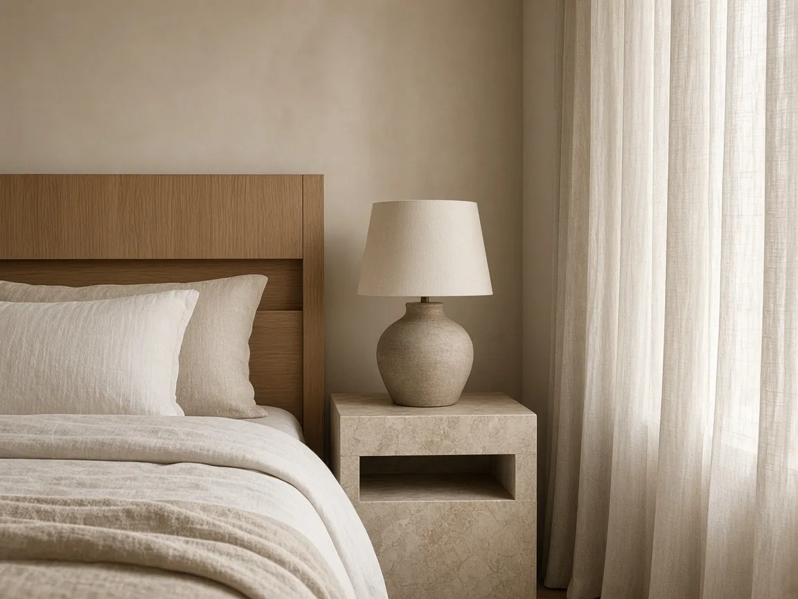 An oak headboard, linen bedding and a stone bedside in a hotel room