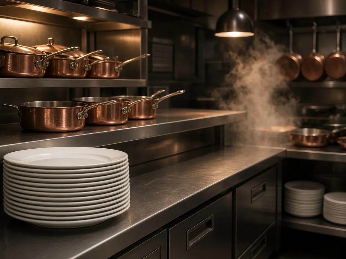 Copper pans and a stack of white plates on a stainless hotel kitchen pass
