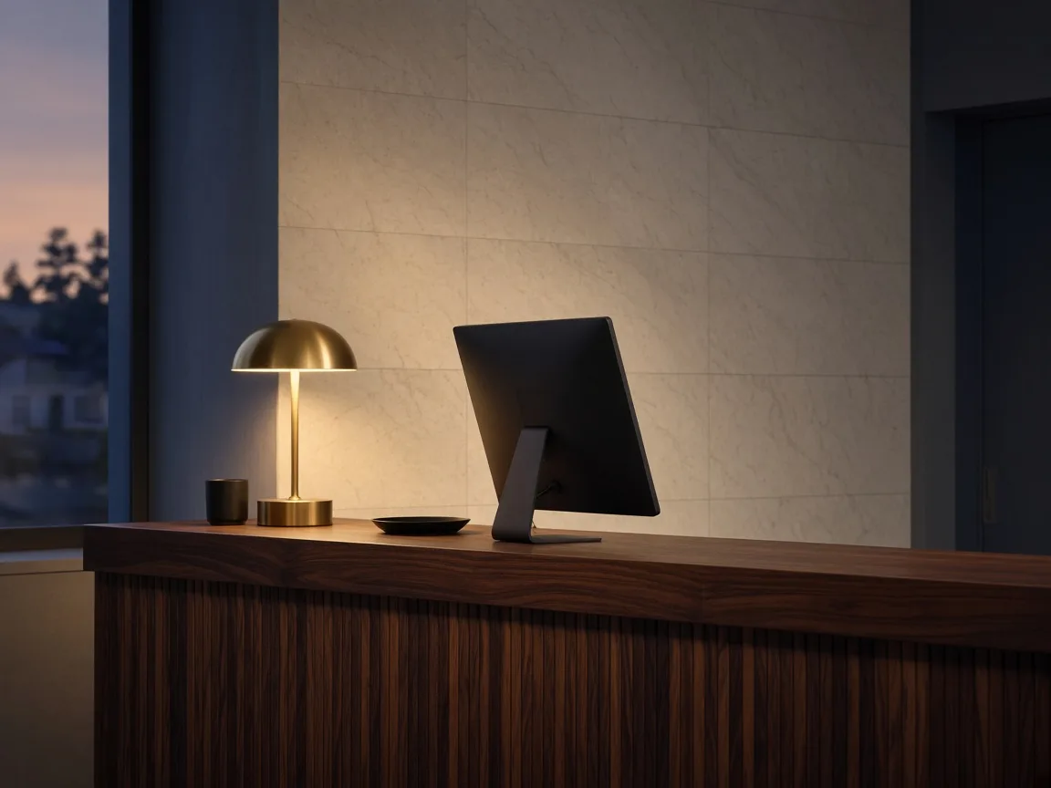 A walnut hotel desk with a brass lamp and the back of a dark screen