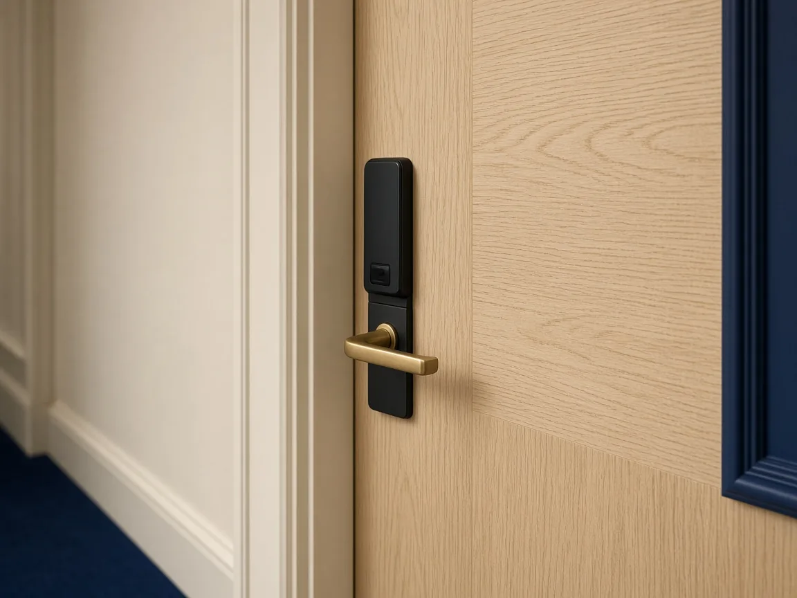 A matte black electronic lock and a brass handle on a pale oak hotel door